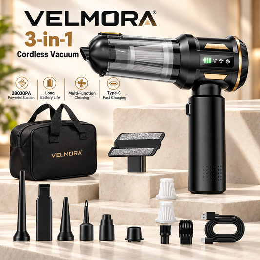 VELMORA Premium 3-in-1 Cordless Vacuum, black and copper, with illustrated accessory kit