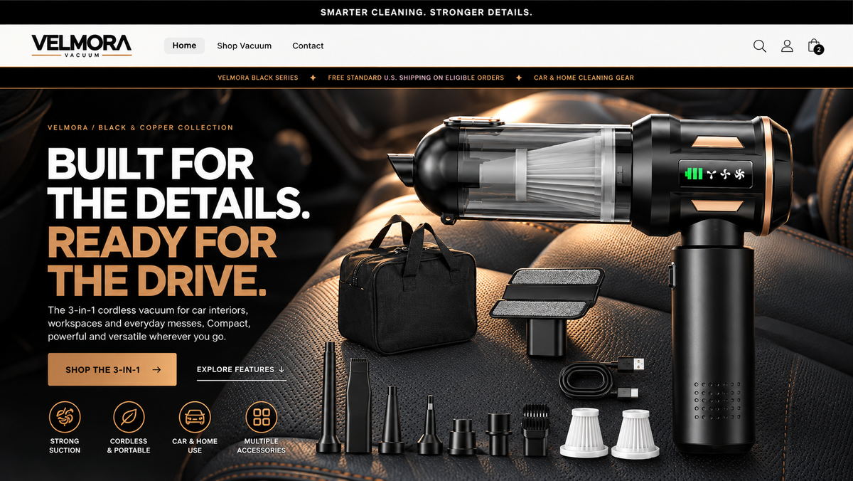 VELMORA Black and Gold premium cordless vacuum website presentation